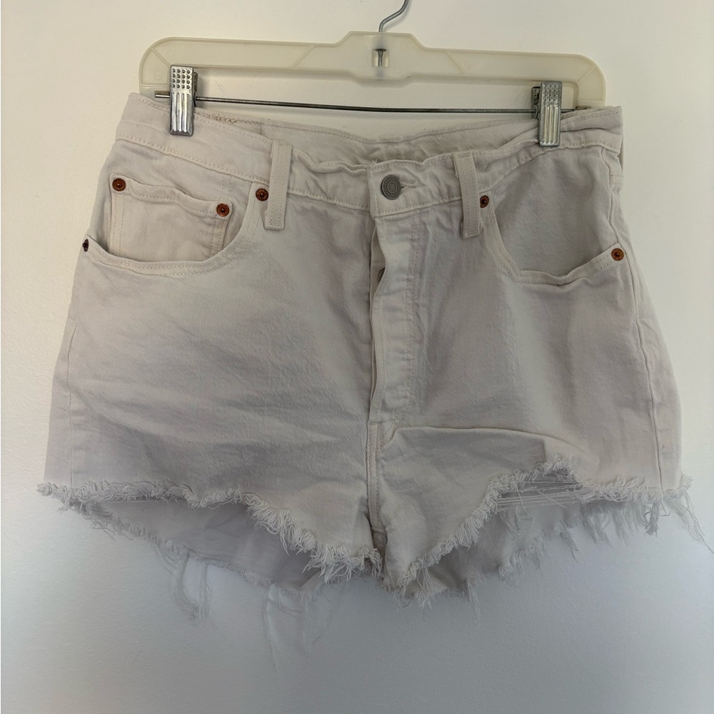 Levis 501 high waisted button fly white denim distressed shorts